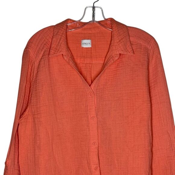 Chico's Orange Long Sleeve Button Up Shirt Roll Tab Sleeve 100% Cotton - Picture 2 of 11